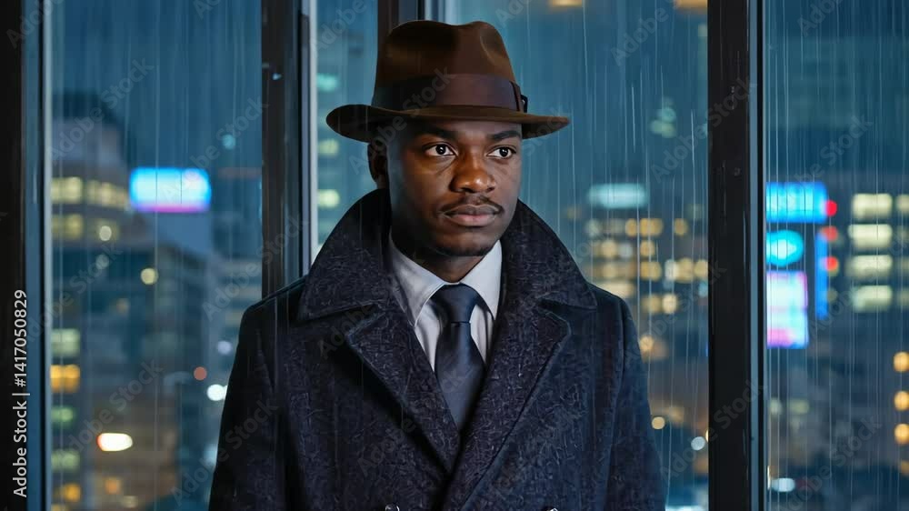 Pensive man wearing hat and coat looking through window at a rainy city skyline during the night Pensive man wearing hat and coat looking through window at a rainy city skyline during the night