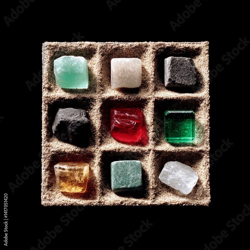 Obraz na płótnie A Grid of Colorful Crystals and Stones in Sand - Abstract Arrangement with Black Background w salonie