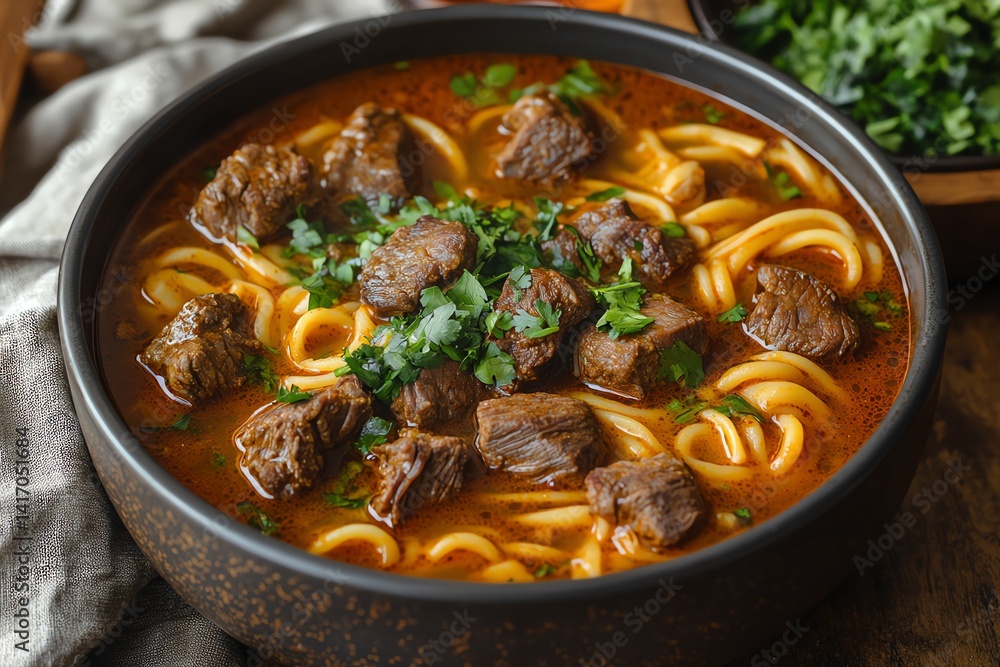 Delicious Beef Noodle Soup Bowl with Fresh Parsley Garnish Close-up Delicious Beef Noodle Soup Bowl with Fresh Parsley Garnish Close-up
