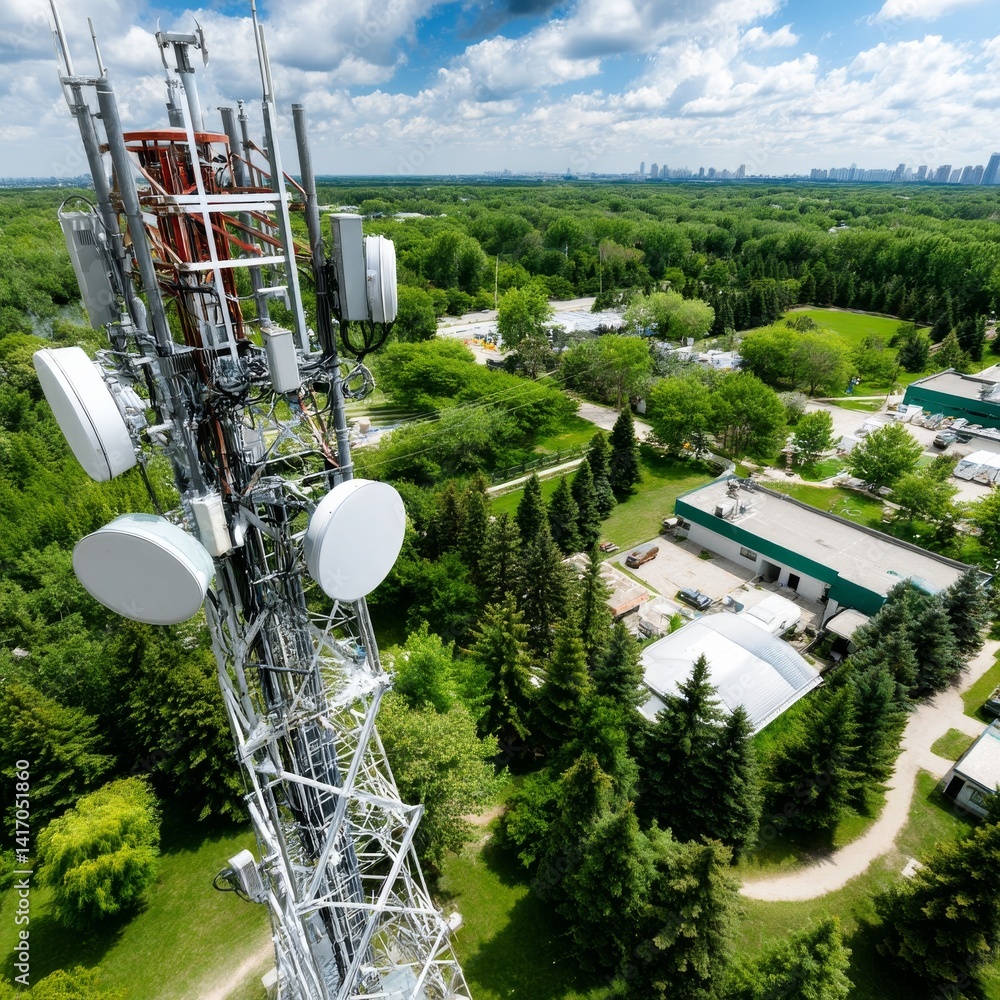 Cell Tower Dominating the Landscape: An Aerial View of Communication Technology Amidst Lush Greenery and Cityscape.
