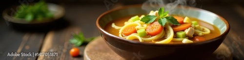 Steaming chicken noodle soup, carrots, celery, close up, dinner
