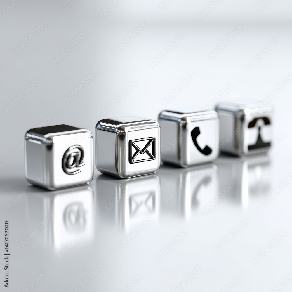 Contact Information Cubes: Metallic Icons for Email, Phone, and Communication in Modern Business