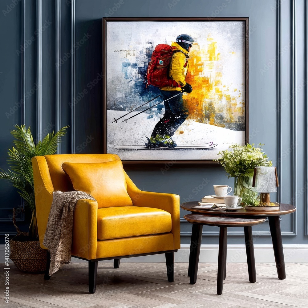 Cozy Living Room Interior with Bold Yellow Armchair and Striking Skiing Artwork, Blending Modern Design with Rustic Touches