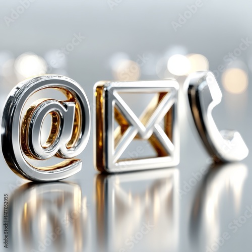 Obraz na płótnie Contact Us: Metallic Email, Message, and Phone Icons with a Reflective Surface and Bokeh Lights w salonie