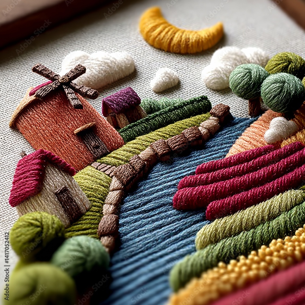 Embroidery Art: A Woolen Landscape with Houses, a Windmill, Fields, a River, Clouds and Crescent Moon Under Sunlight