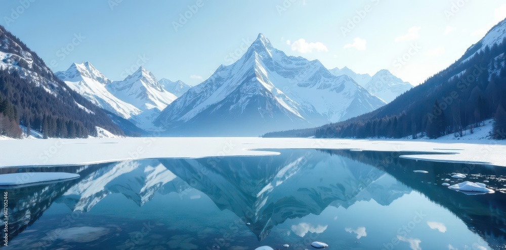 Vast, frozen lake reflecting frosted mountain range, crisp air, white, stillness, glacial lake