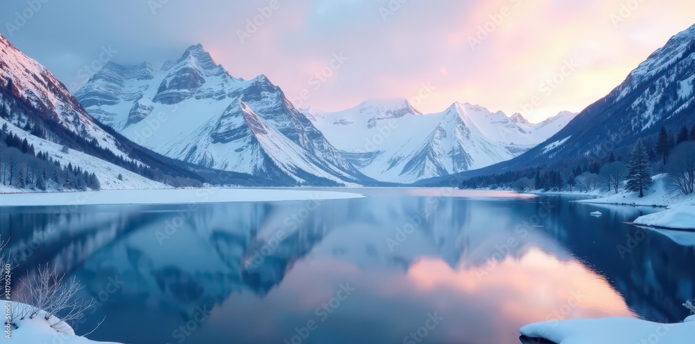 Vast, frozen lake reflecting frosted mountain range, crisp air, photography, outdoor