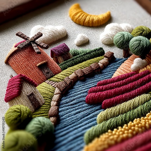 Obraz na płótnie Embroidery Art: A Woolen Landscape with Houses, a Windmill, Fields, a River, Clouds and Crescent Moon Under Sunlight w salonie