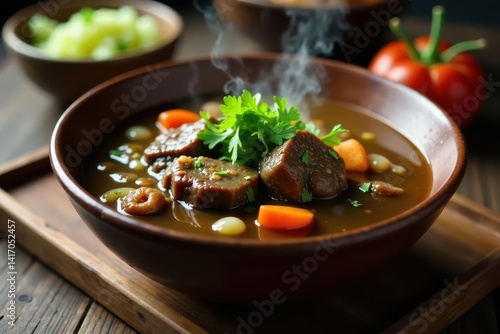 Obraz na płótnie Steaming black beef soup in rustic bowl, wooden table , delicious, photography, food w salonie