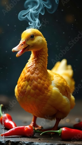 Golden-brown duck, fiery peppers, fragrant steam, oriental food, gourmet