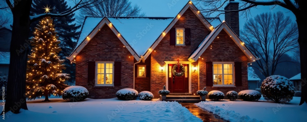 Snowy brick home glows with Christmas lights & wreath , snow, festive season, glow