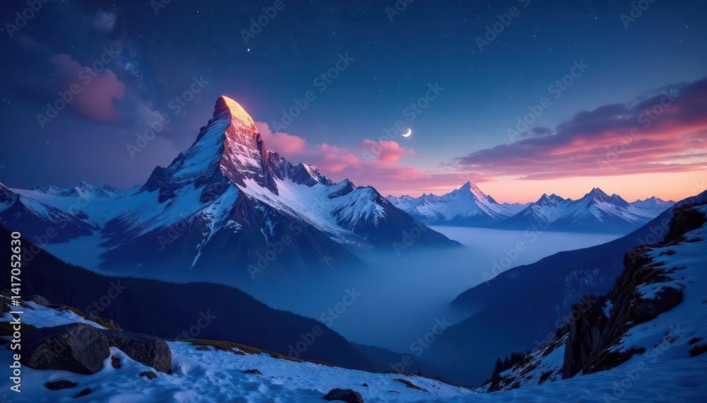 Starry night blankets majestic peaks, ethereal glow , landscape, autumn