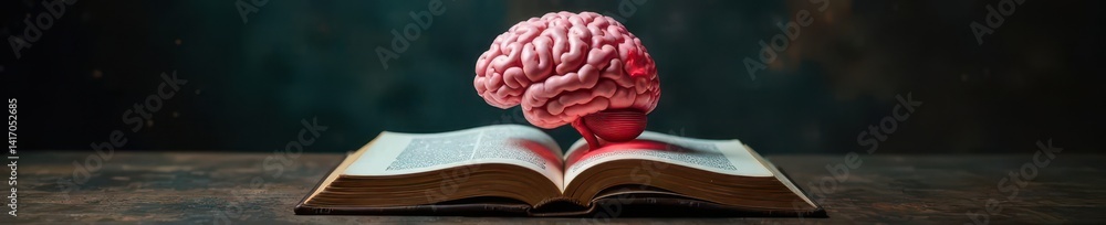 Intricate brain floats above antique book, insightful imagery , mystery, literature