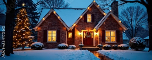 Obraz na płótnie Snowy brick home glows with Christmas lights & wreath , snow, festive season, glow w salonie