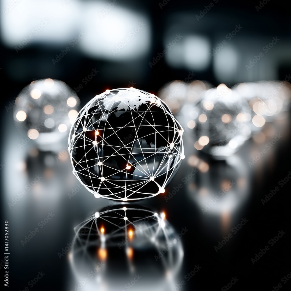 Global Network Connectivity: Abstract World Globe with Interconnected Nodes and Data Visualization on a Reflective Surface.