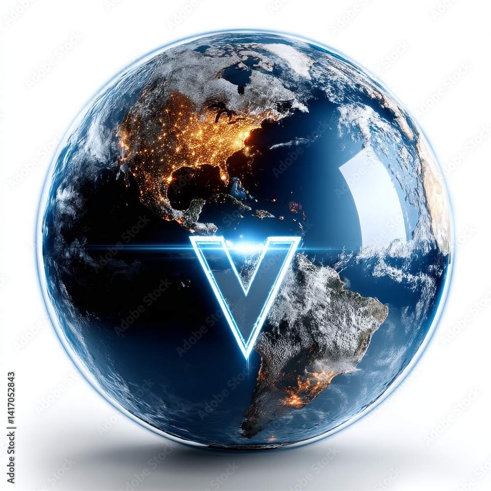 Global Network: Planet Earth with a Neon 'V' Overlay, Representing Modern Connectivity and Technological Advancement