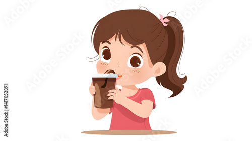 Professional illustration of a young girl enjoying hot chocolate from a plastic cup