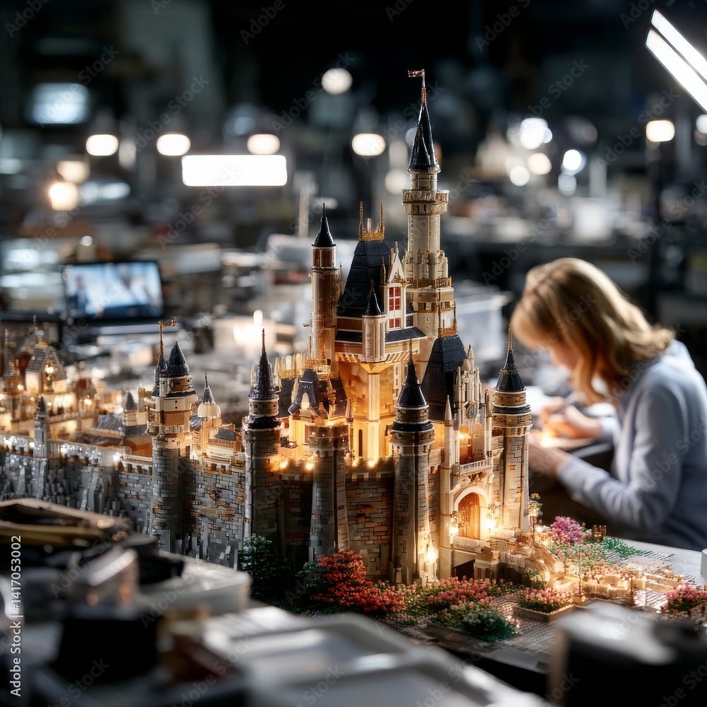 Intricate Castle Model Construction: Woman Crafting a Detailed Miniature Landscape in a Workshop Setting