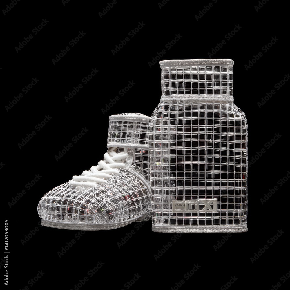 Intriguing Design: A futuristic translucent shoe and bottle with a grid pattern showcase modern innovation on black background.