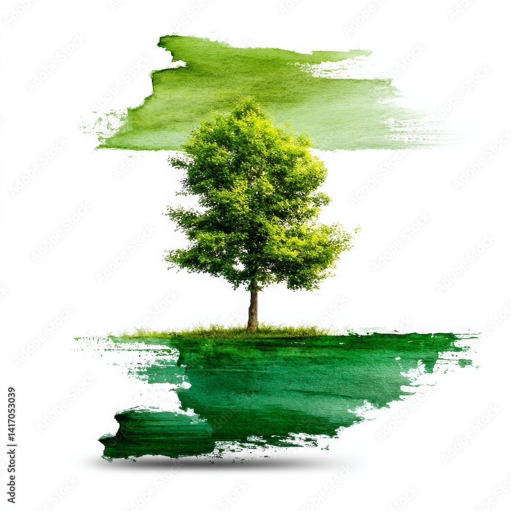 Isolated Tree in Green Watercolor Landscape: A Symbol of Nature's Resilience and Artistic Expression.