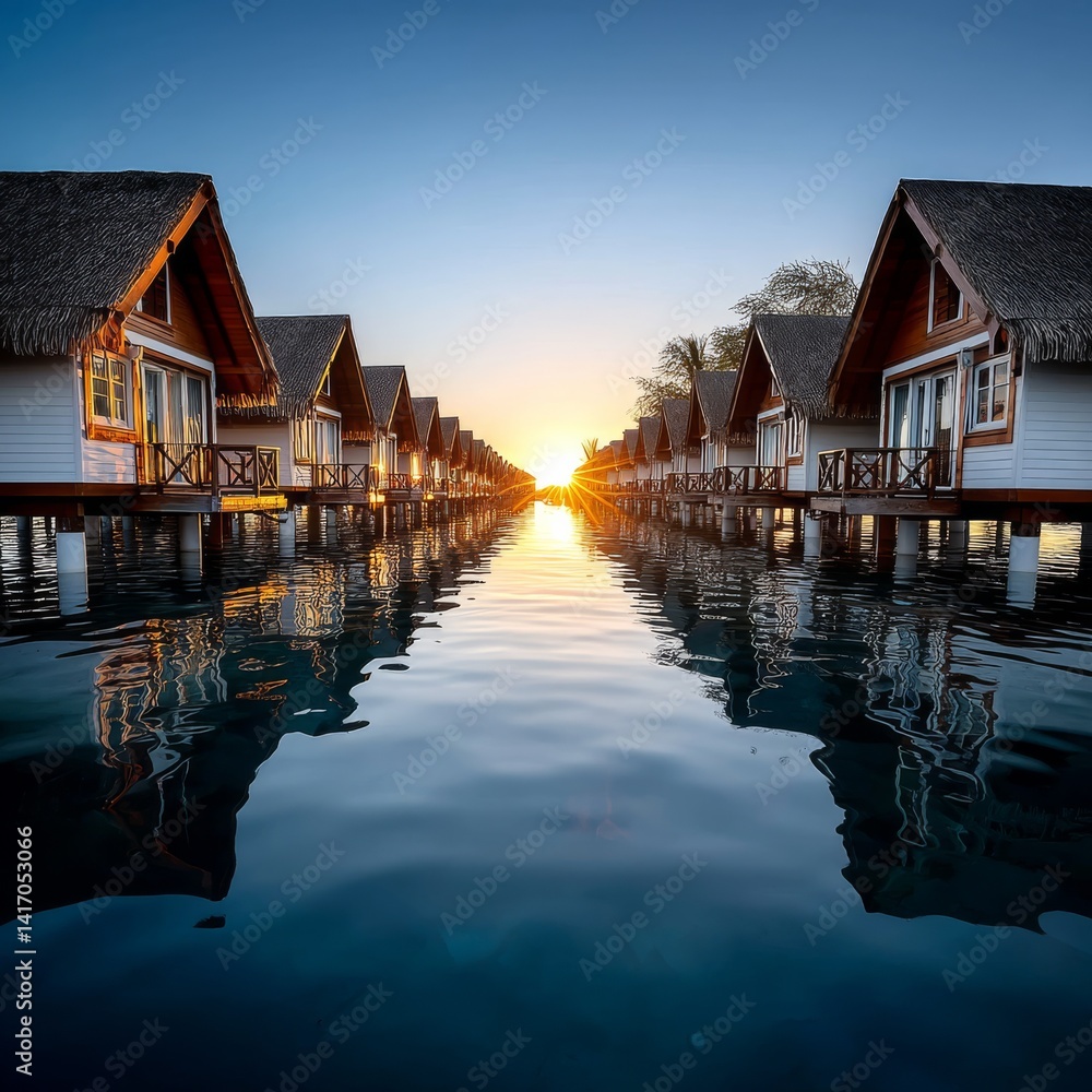 Luxury Overwater Bungalows at Sunset, Reflecting in the Calm Waters of a Tropical Paradise Resort.