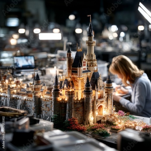 Obraz na płótnie Intricate Castle Model Construction: Woman Crafting a Detailed Miniature Landscape in a Workshop Setting w salonie