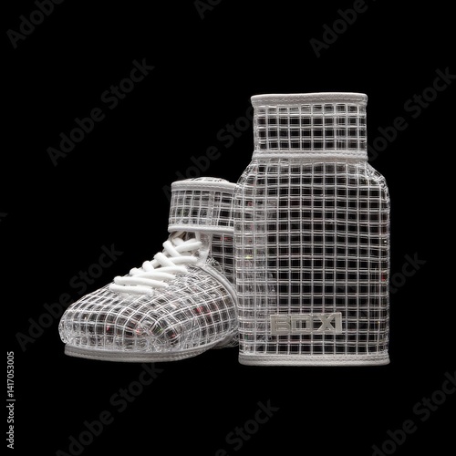 Obraz na płótnie Intriguing Design: A futuristic translucent shoe and bottle with a grid pattern showcase modern innovation on black background. w salonie