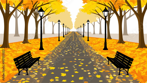 Autumn background with city park with yellow trees and fallen leaves. Vector illustration