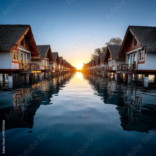 Obraz na płótnie Luxury Overwater Bungalows at Sunset, Reflecting in the Calm Waters of a Tropical Paradise Resort. w salonie