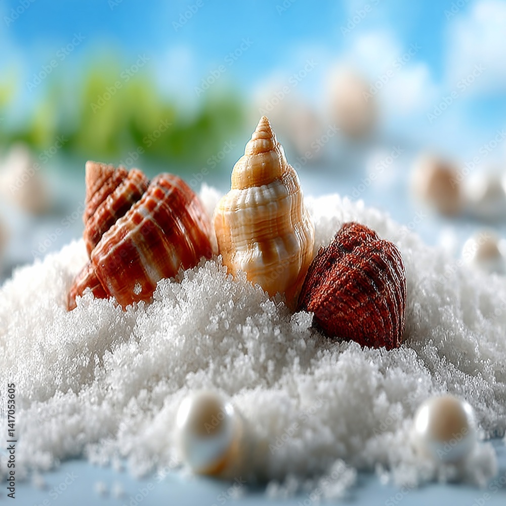 Seashells and Pearls on Salt - Beach Treasures and Oceanic Beauty Against a Blue Sky Backdrop for a Tropical Theme