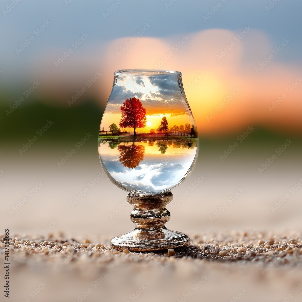 Sunset Vista in a Glass: A World Within, Reflections on a Tranquil Horizon Captured in a Unique Perspective