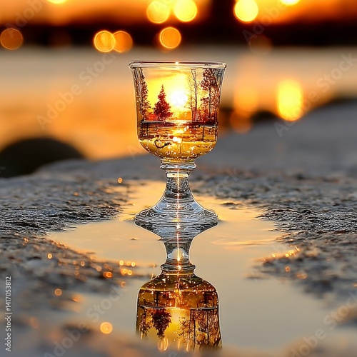 Sunset in a Glass: Reflection of Golden Hour Beauty in Nature's Mirror, a Serene Scene Captured with Artistic Flair.