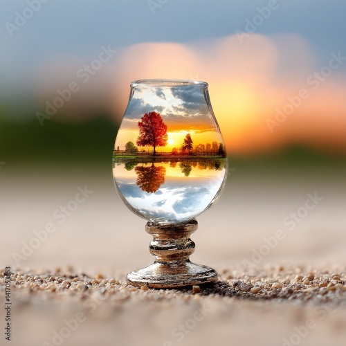 Obraz na płótnie Sunset Vista in a Glass: A World Within, Reflections on a Tranquil Horizon Captured in a Unique Perspective w salonie