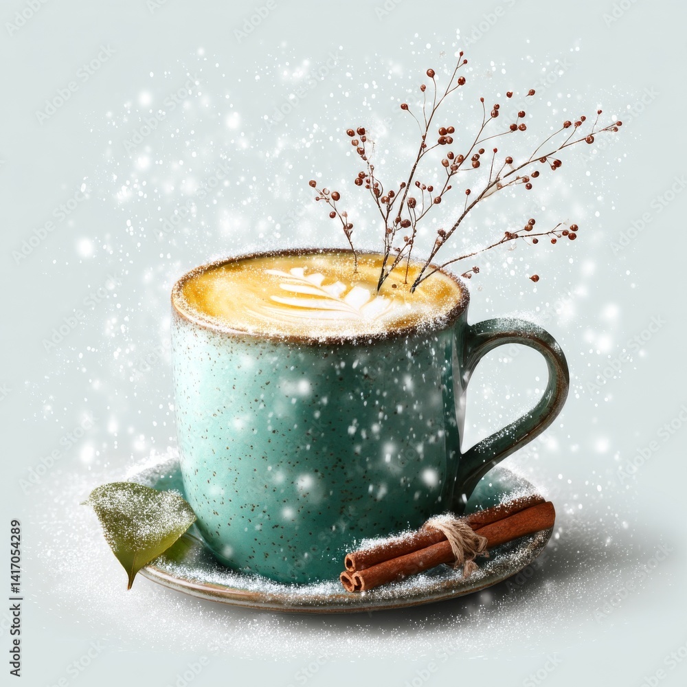 Winter Latte Art: A Cup of Warmth in the Snowfall, Featuring Cinnamon and Berries