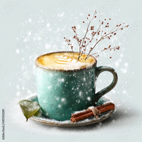 Obraz na płótnie Winter Latte Art: A Cup of Warmth in the Snowfall, Featuring Cinnamon and Berries w salonie