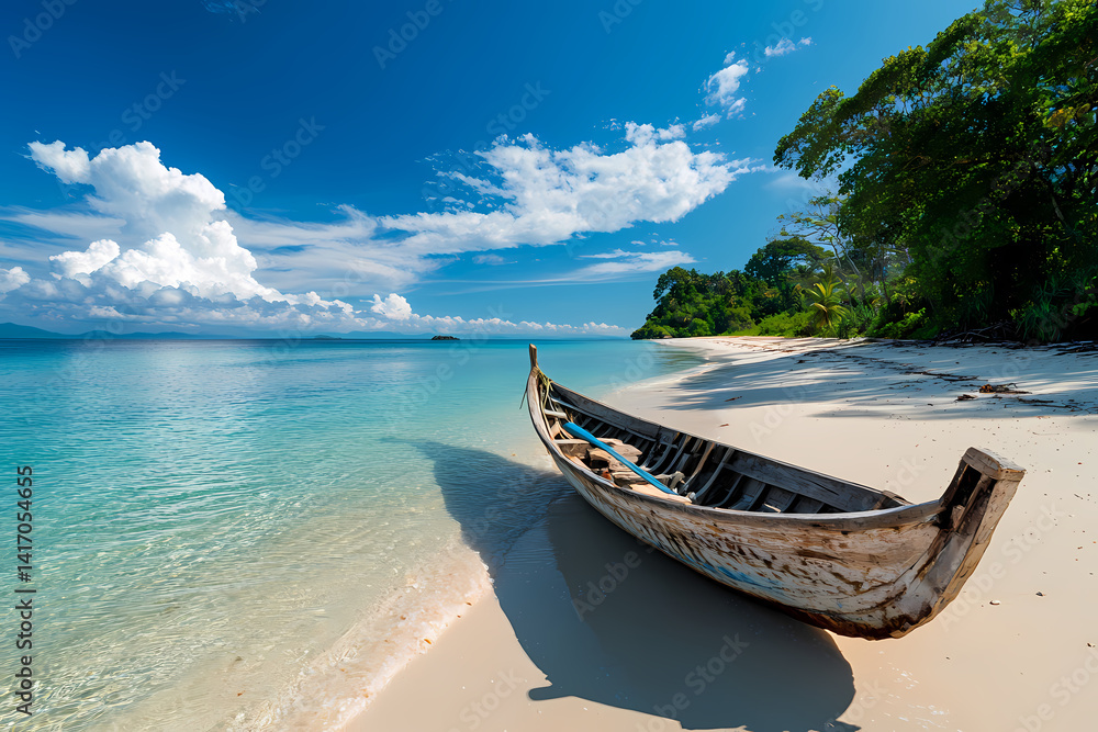 Fototapeta premium Serene Coastal Escape: A tranquil scene unfolds on a pristine beach with an aged boat gently resting on the sands, under a brilliant blue sky.