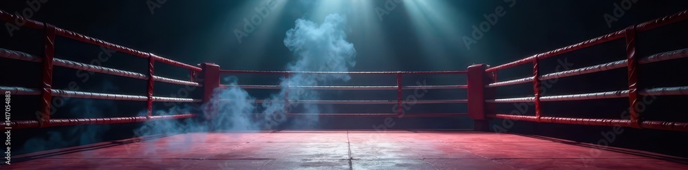 Empty boxing ring filled with thick smoke, dark tones, deserted, moody