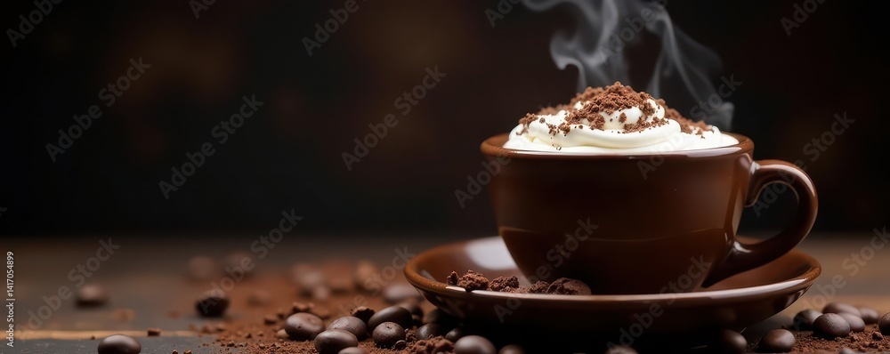 Dark background, rich brown hot chocolate in a stoneware mug, steam rising, textured, chocolate