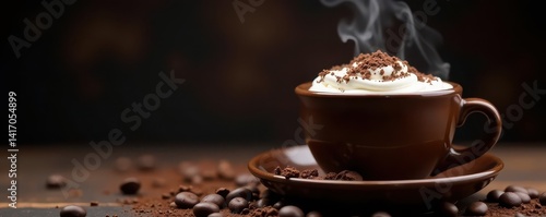 Obraz na płótnie Dark background, rich brown hot chocolate in a stoneware mug, steam rising, textured, chocolate w salonie