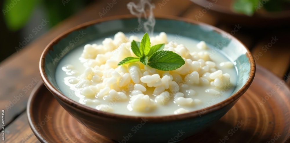 A bowl of fluffy white rice porridge, steaming gently , warm, fluffy, authentic