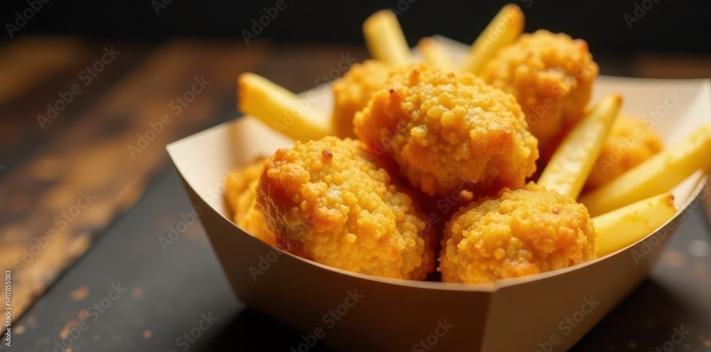 Close-up of crispy chicken nuggets & seasoned fries in a paper carton , appetizing, salty, craveable