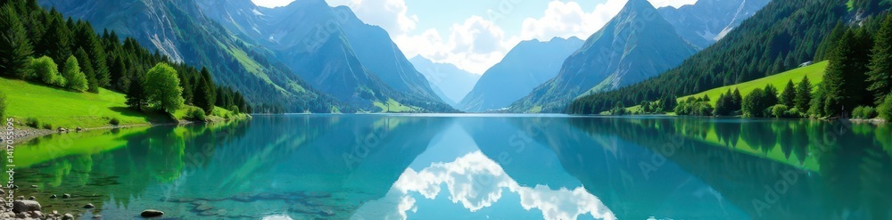 Crystal clear alpine lake mirroring sky, lush greenery , clean, unspoiled, serene