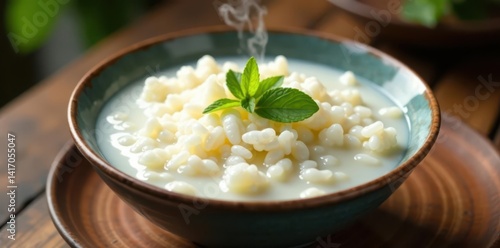 Obraz na płótnie A bowl of fluffy white rice porridge, steaming gently , warm, fluffy, authentic w salonie