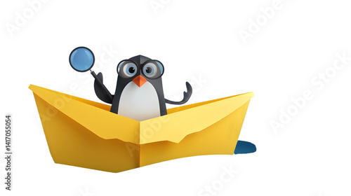 Playful Penguin with Spyglass on Paper Boat for Creative Exploration