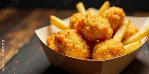 Obraz na płótnie Close-up of crispy chicken nuggets & seasoned fries in a paper carton , appetizing, salty, craveable w salonie