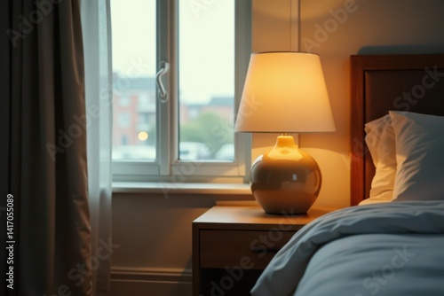 Obraz na płótnie Warm brown lamp, white shade, bedside table, spacious bedroom, space, ambiance w salonie
