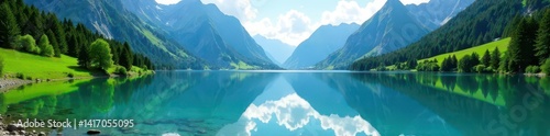 Obraz na płótnie Crystal clear alpine lake mirroring sky, lush greenery , clean, unspoiled, serene w salonie
