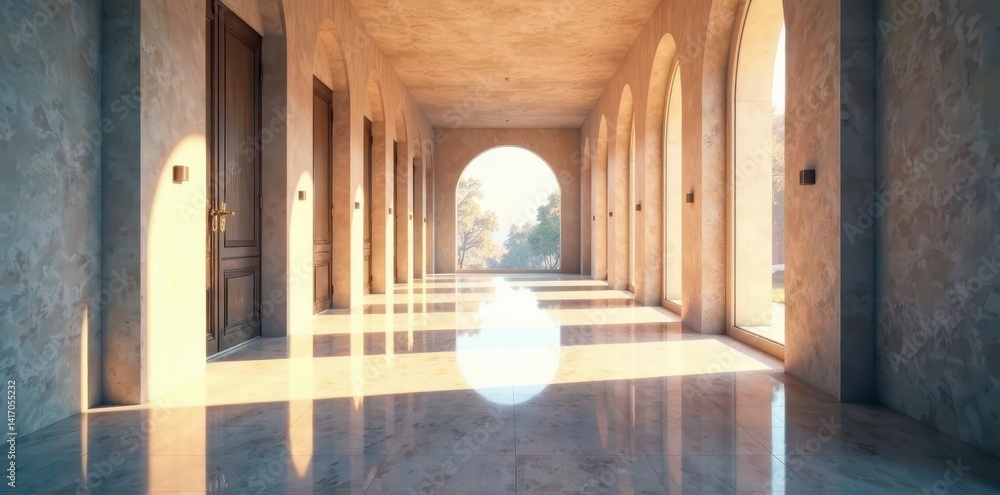Sunlit, expansive hallway; polished floor reflects light , design, shiny