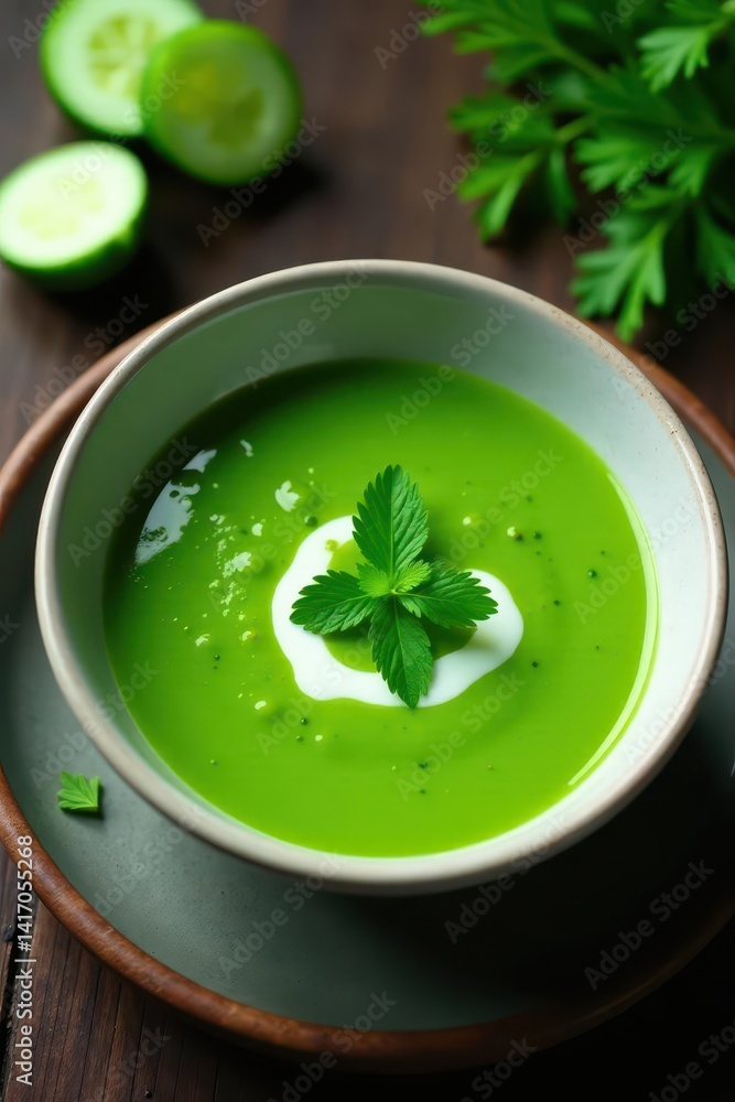 Emerald green soup, finely diced cucumber, dill garnish , appetizer, delicious
