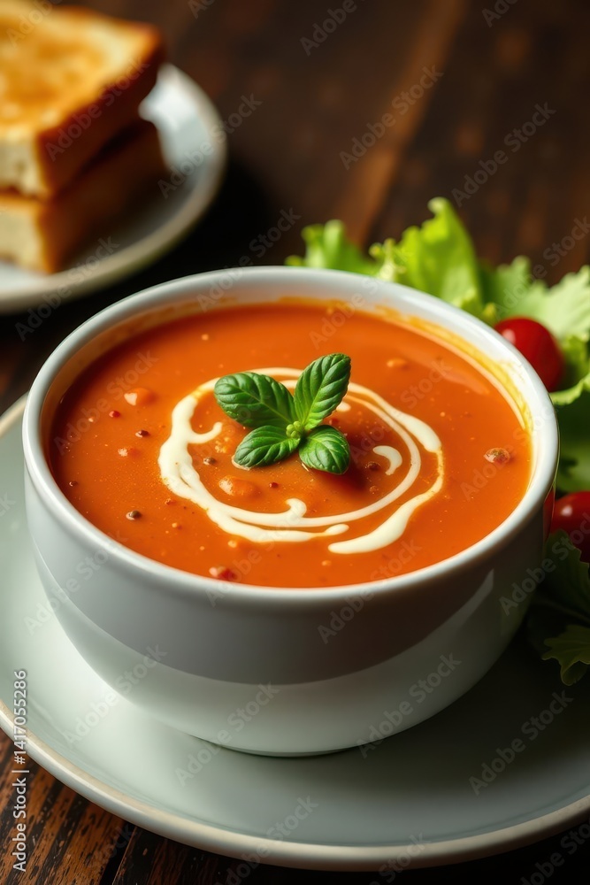 Creamy tomato soup, golden grilled cheese, crisp salad , texture, close-up, home